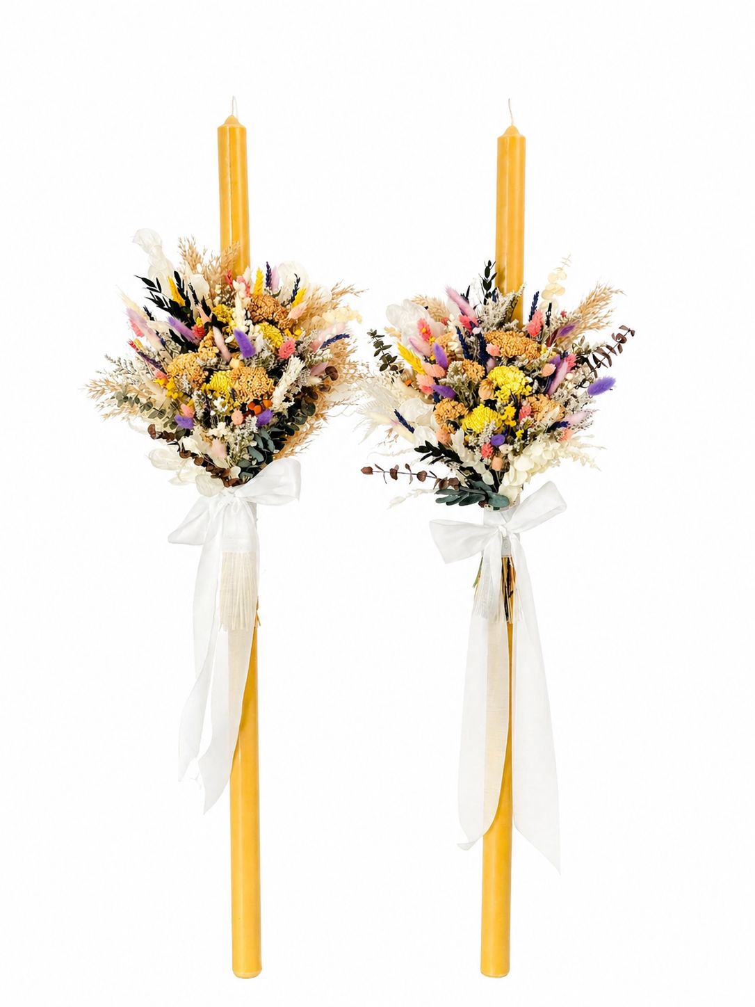 Set 2 lumanari de cununie lungi decorate cu flori uscate si prezervate - PlanteCadou
