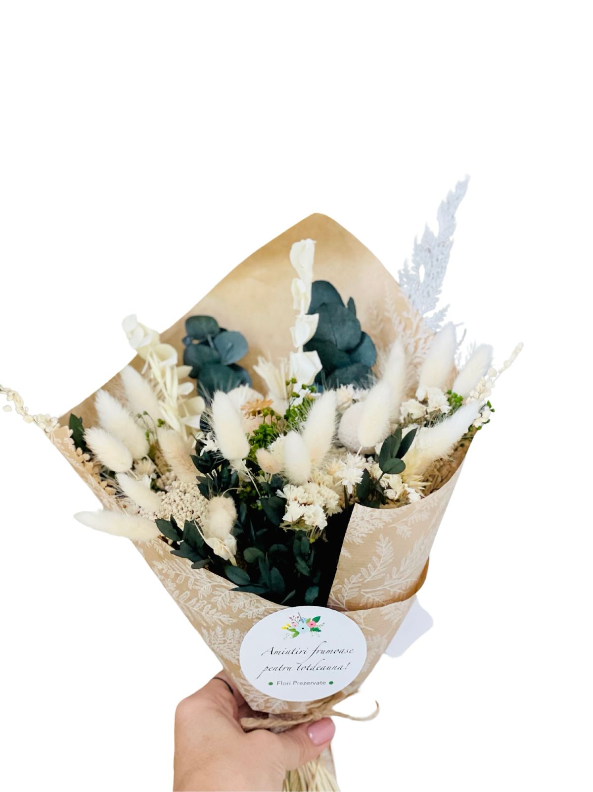 Buchet prezervat mic alb verde - flori prezervate