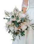 Buchet prezervat mireasa hortensie si eucalipt - flori uscate