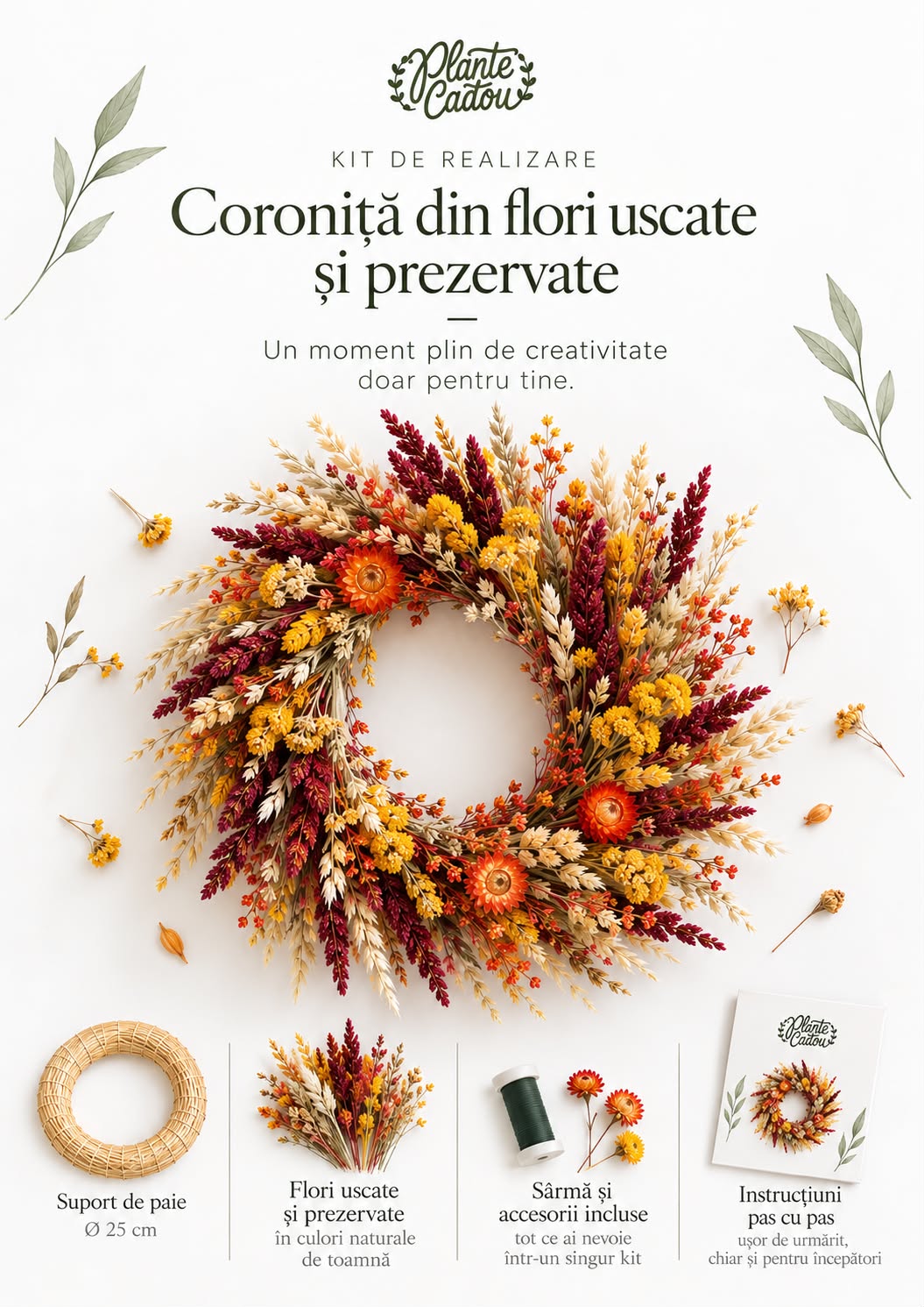 Kit de creatie coronita de toamna din flori uscate
